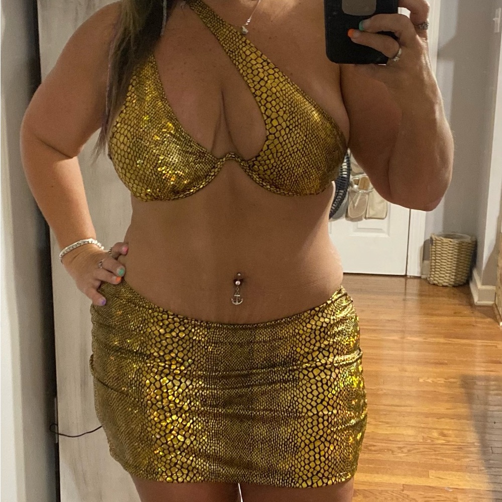 5 piece croc gold metallic interchangeable swimsuits bikini with cover skirt